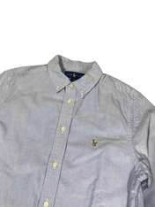 Világoskék férfi Ralph Lauren ing, hímzett logóval, vintage streetwear stílus
