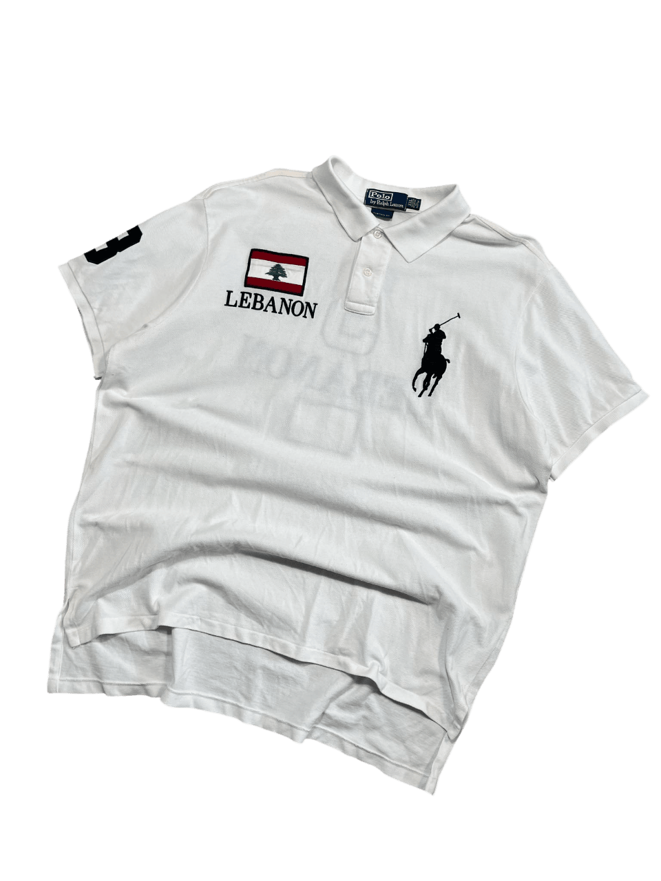 Fehér vintage Ralph Lauren póló lebanoni zászlóval és hímzett logóval