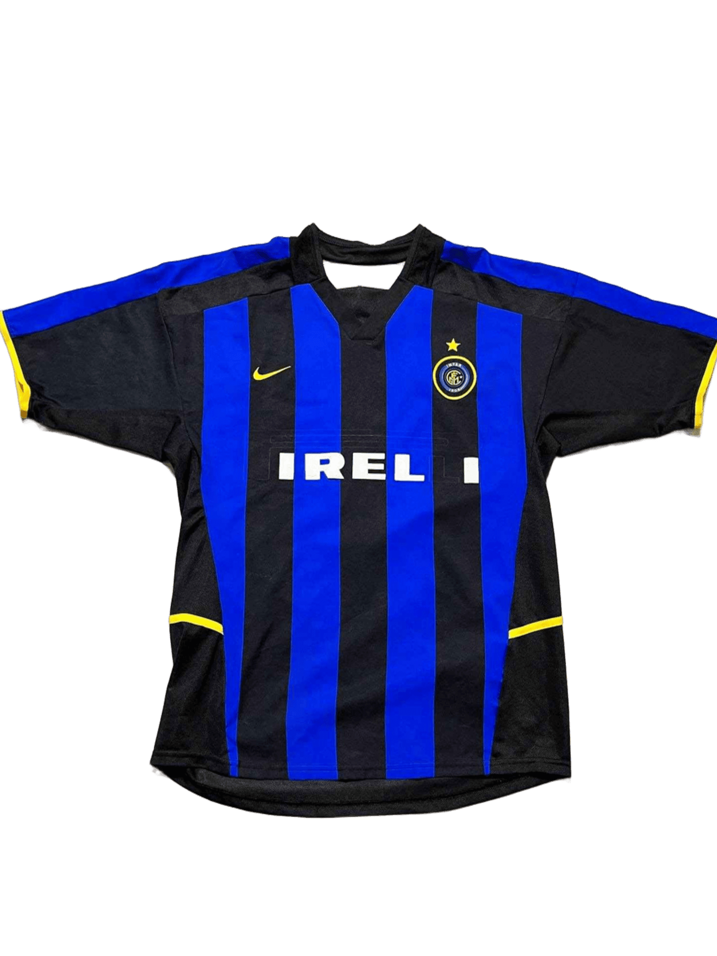 Fekete-kék csíkos vintage focimez rövid ujjal, Inter címere és sárga Nike logóval