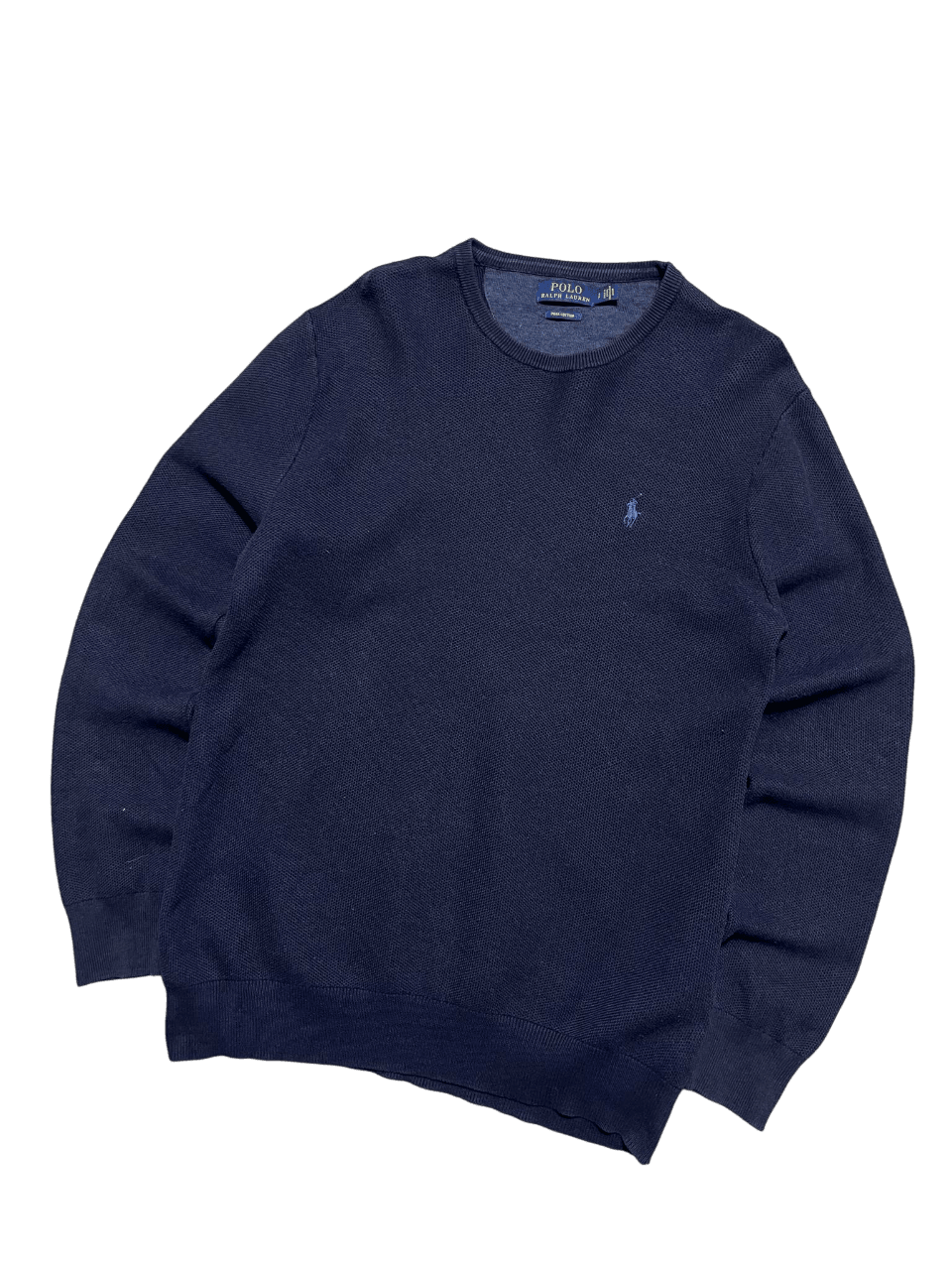 Sötétkék vintage Ralph Lauren pulóver hímzett logóval, streetwear stílusban