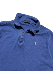 Kék Ralph Lauren félcipzáras streetwear pulóver, hímzett logóval a mellrészen.