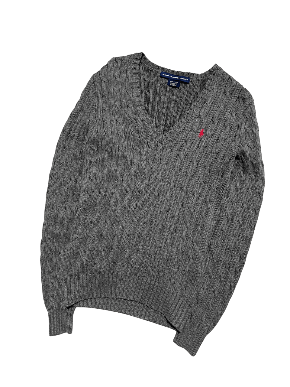 Szürke kötött pulóver V-nyakkivágással, vintage streetwear stílus, mellzseb hímzett logóval.