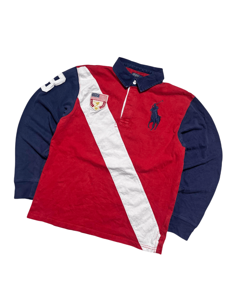 Piros–fehér–kék hosszú ujjú vintage streetwear rugby póló hímzett logóval és foltokkal
