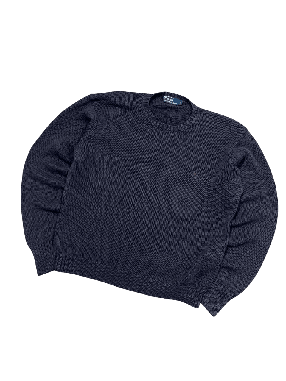 Sötétkék vintage Ralph Lauren pulóver, bordázott nyakkal és ujjal, streetwear stílusban.