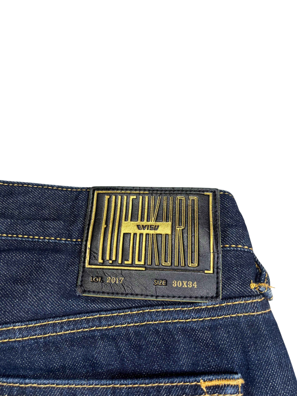 Evisu Kuro sötétkék farmernadrág bőr címkével, vintage streetwear stílus