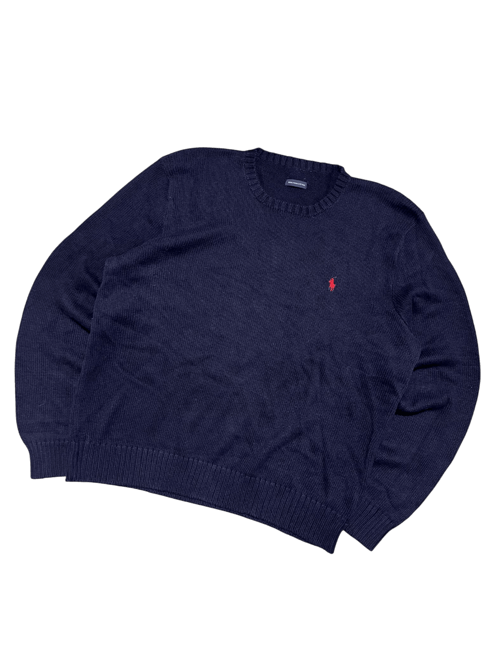 Sötétkék vintage streetwear pulóver, piros hímzett logóval a mellkason.