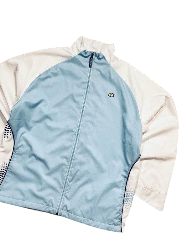 Világoskék és fehér vintage streetwear dzseki cipzárral, logóval a mellrészen
