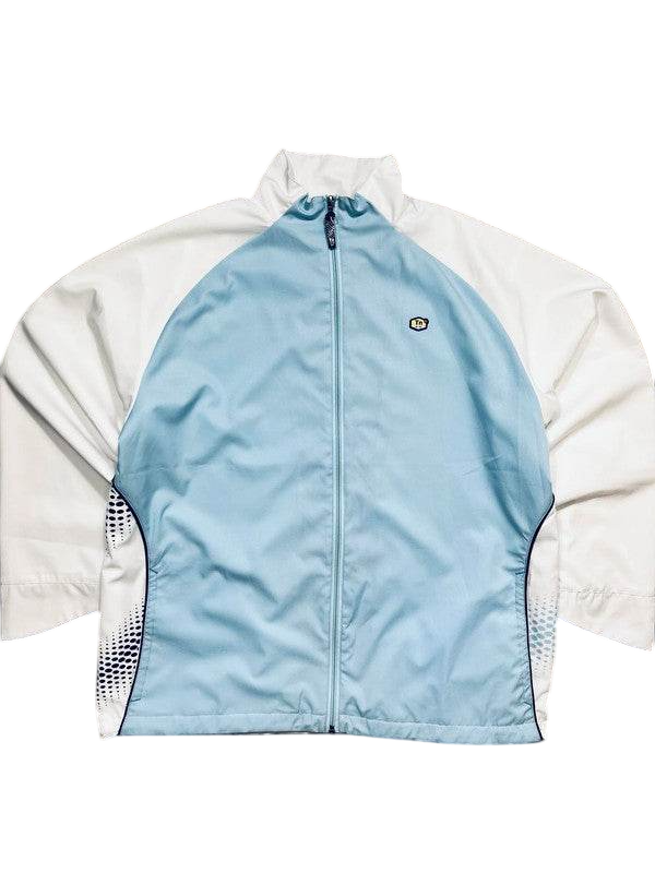 Világoskék és fehér vintage streetwear dzseki cipzárral, gallérral, és logóval