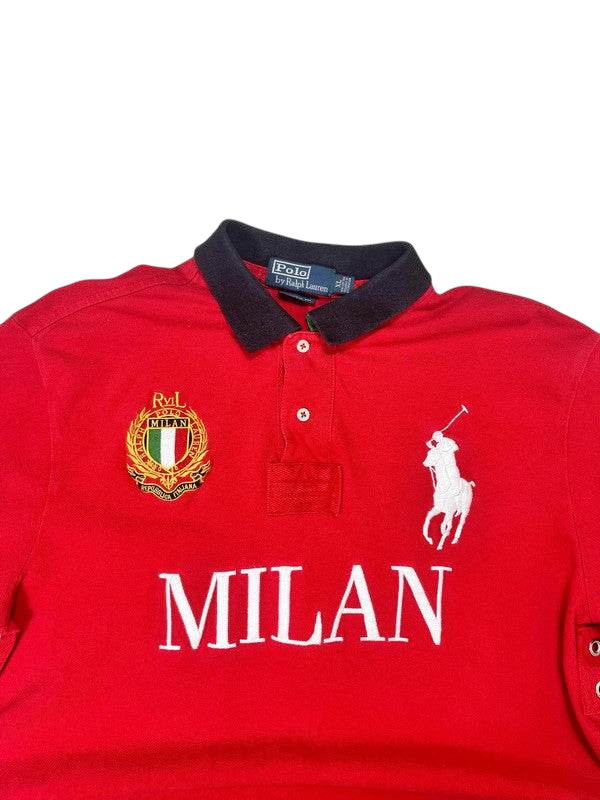 Piros Polo Ralph Lauren galléros póló, MILAN felirattal, hímzett címerrel