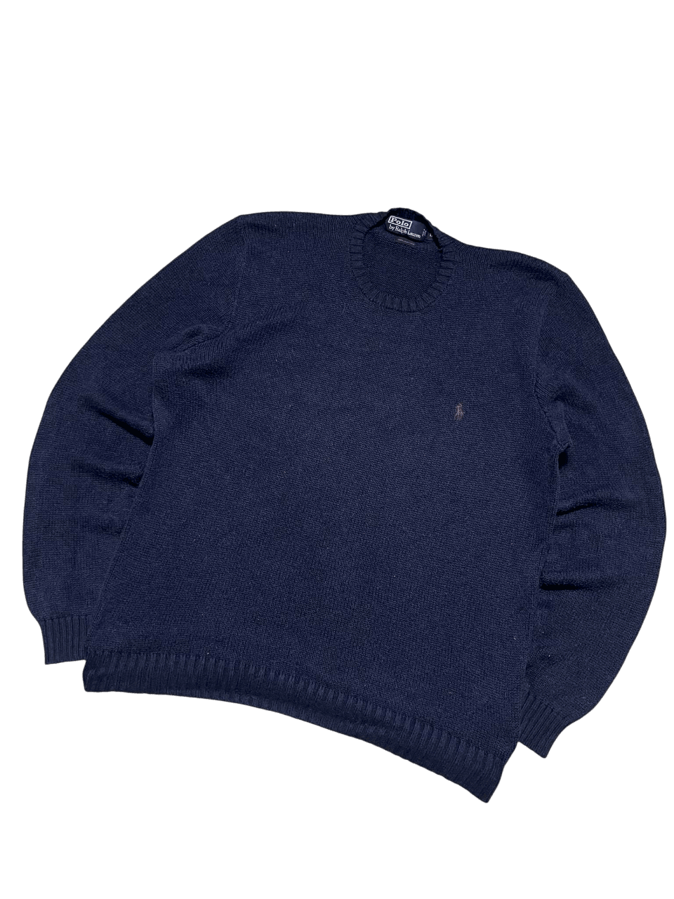 Sötétkék vintage Ralph Lauren kötött pulóver, hímzett logóval az elején