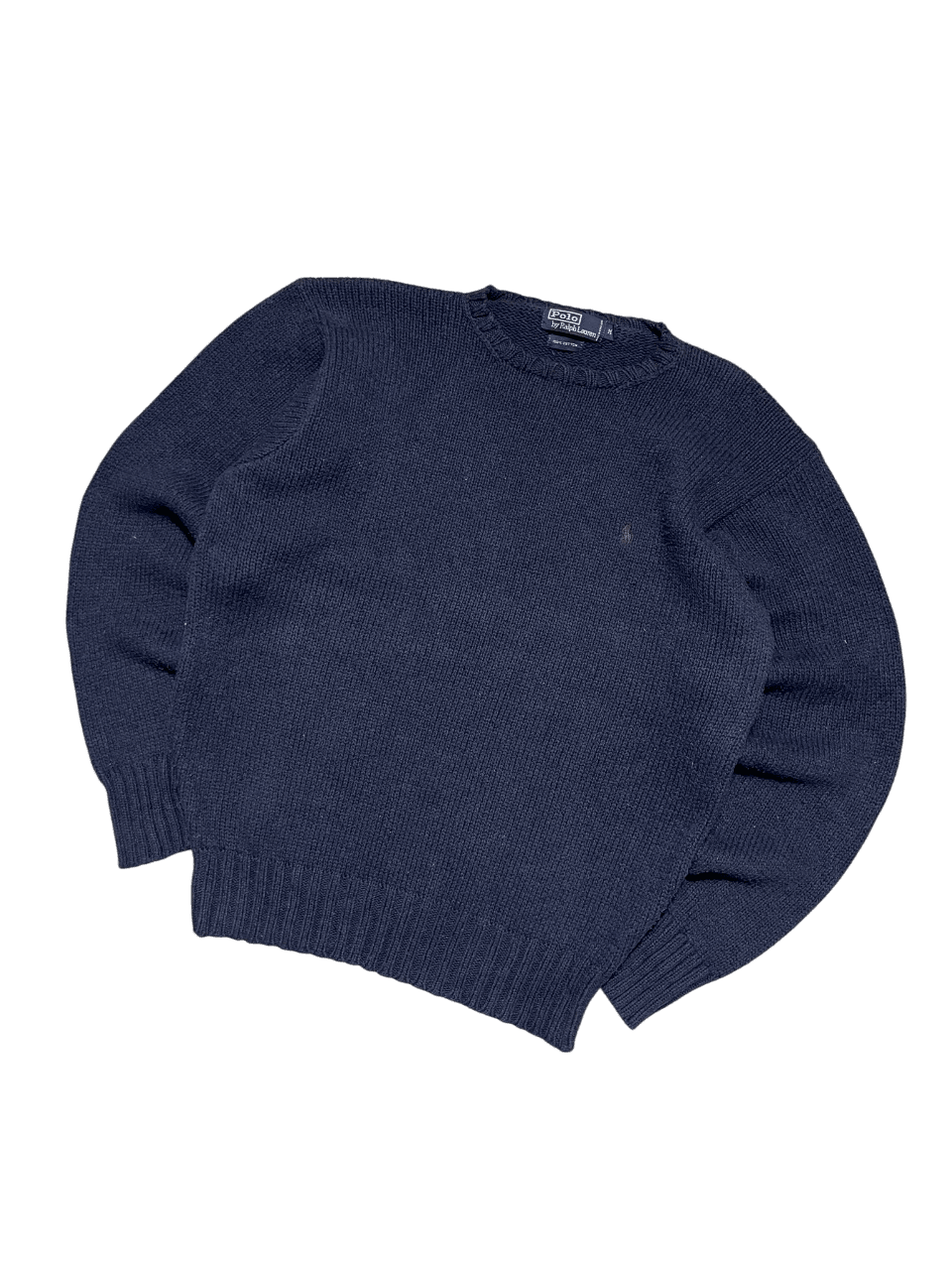 Sötétkék vintage kötött pulóver, kerek nyakkal, streetwear stílusban