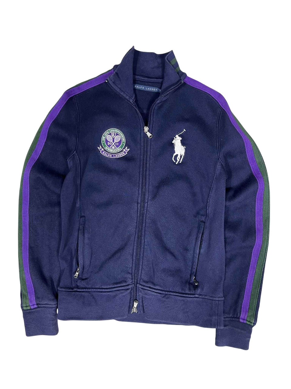 Sötétkék vintage Ralph Lauren streetwear dzseki, sportos zöld-lila csíkokkal, cipzáros fazonban.
