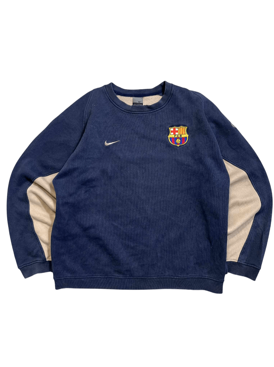Sötétkék vintage Nike pulóver, Barcelona címerrel és bézs ujjbetétekkel