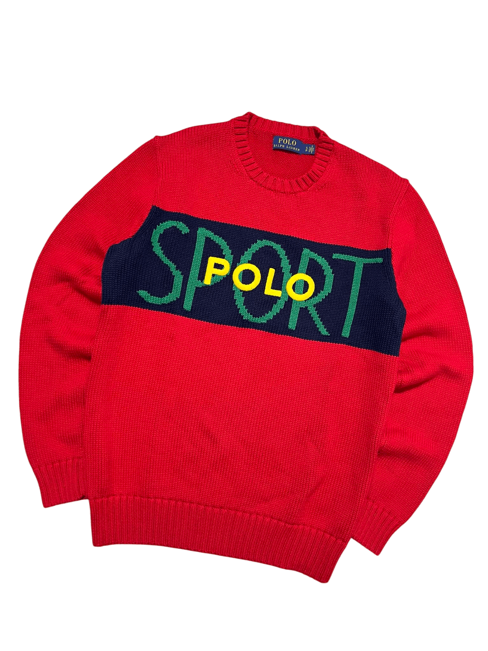 Piros vintage Polo Ralph Lauren sport pulóver zöld és sárga felirattal, streetwear stílus