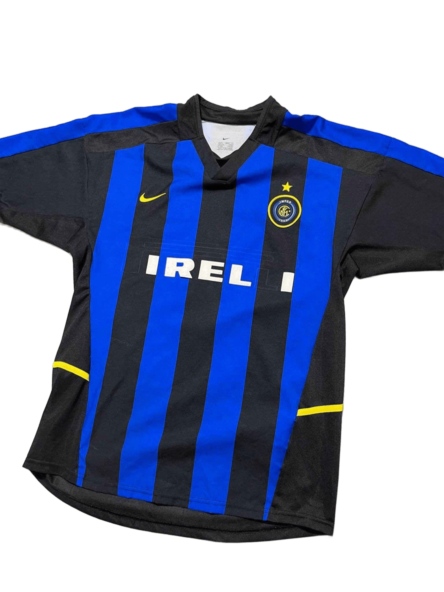 Fekete-kék csíkos vintage focimez, Nike logóval, sportos utcai viselet