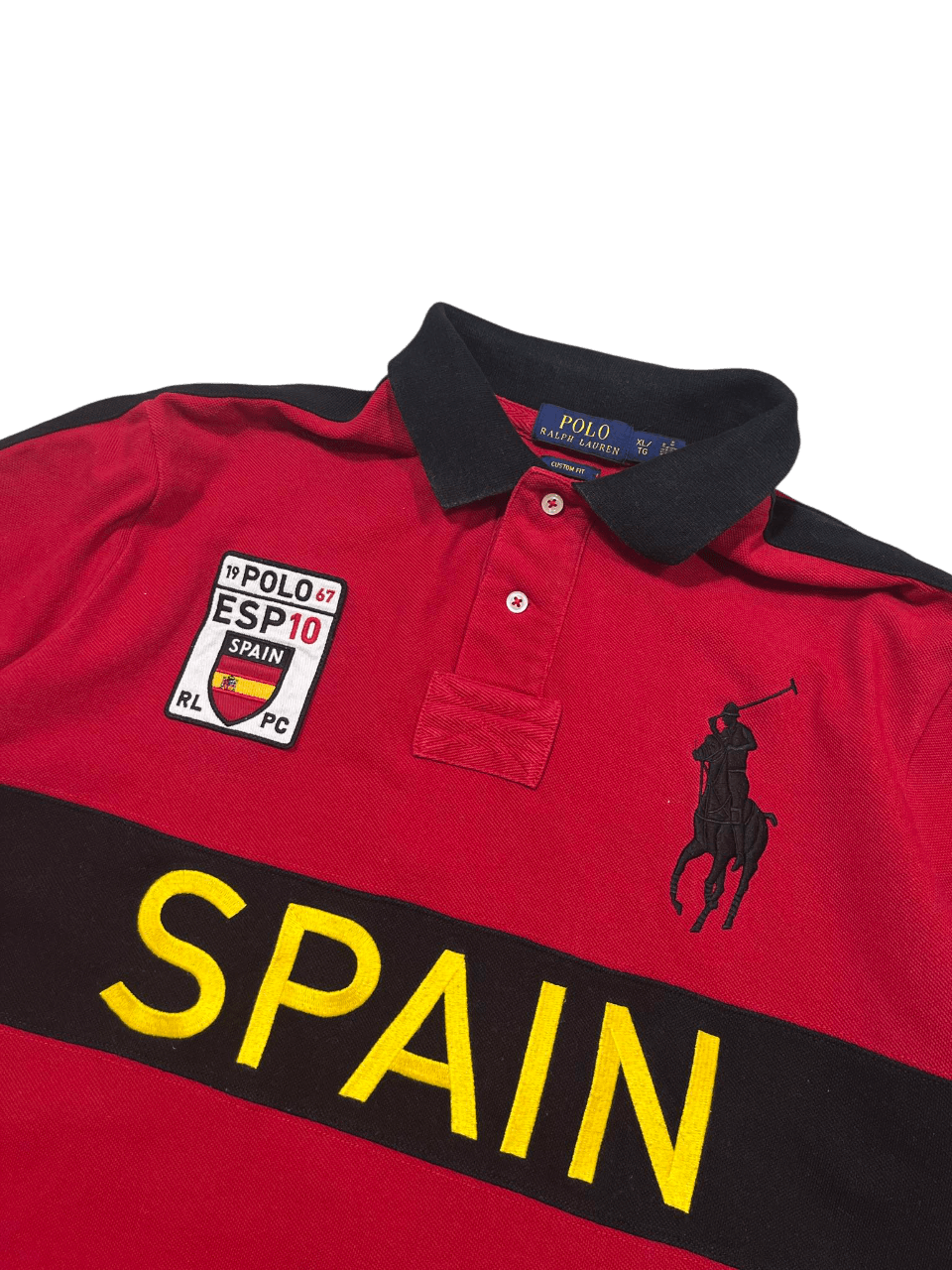 Ralph Lauren vintage piros galléros póló, fekete gallérral, SPANYOL felirattal és hímzéssel