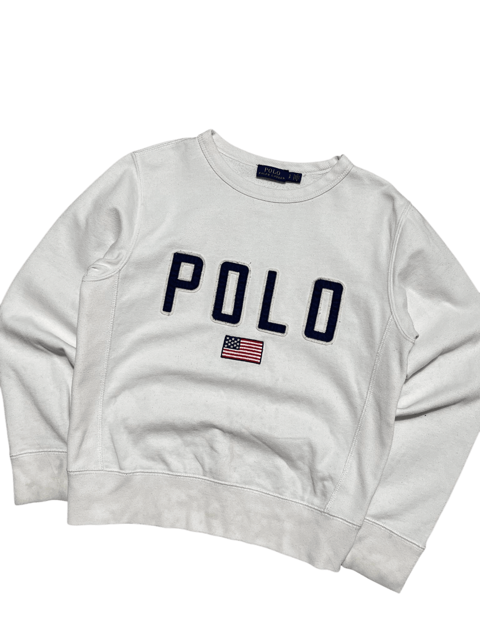 Fehér vintage POLO pulóver amerikai zászlóval, streetwear stílusban