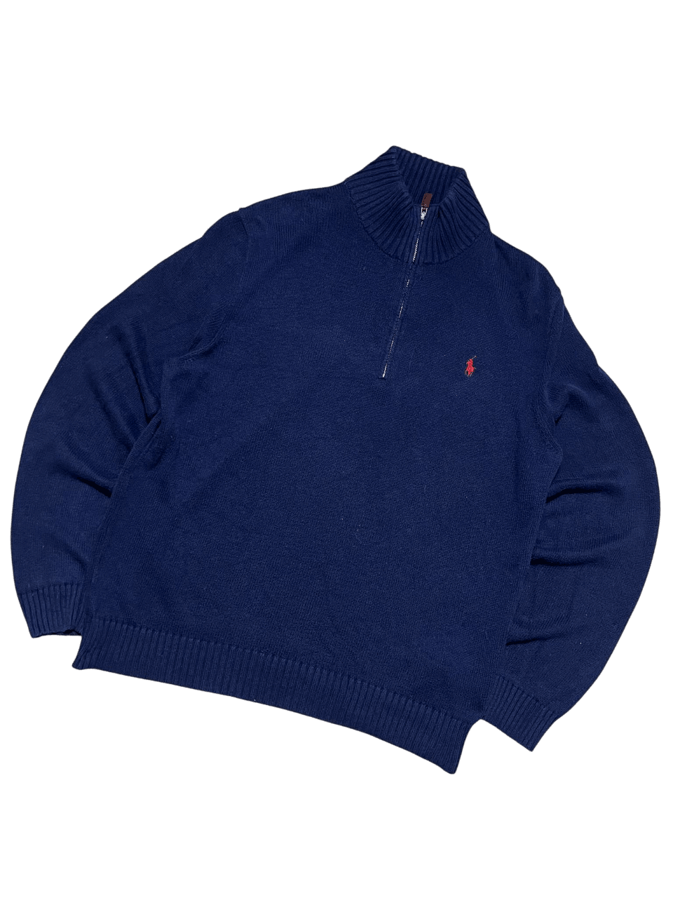 Sötétkék, cipzáras gallérú vintage pulóver hímzett logóval, streetwear stílusban