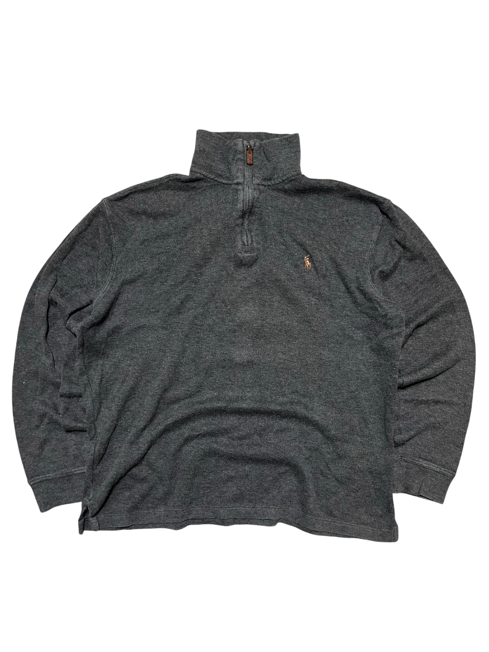 Sötétszürke vintage hosszú ujjú férfi pulóver, félcipzárral, streetwear stílusban.