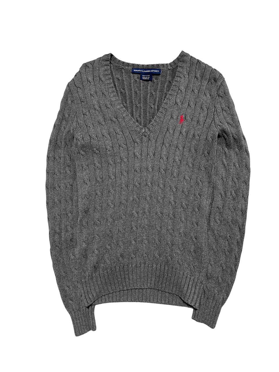 Szürke vintage kötött pulóver mély V-nyakkivágással, hímzett logóval, streetwear stílusban