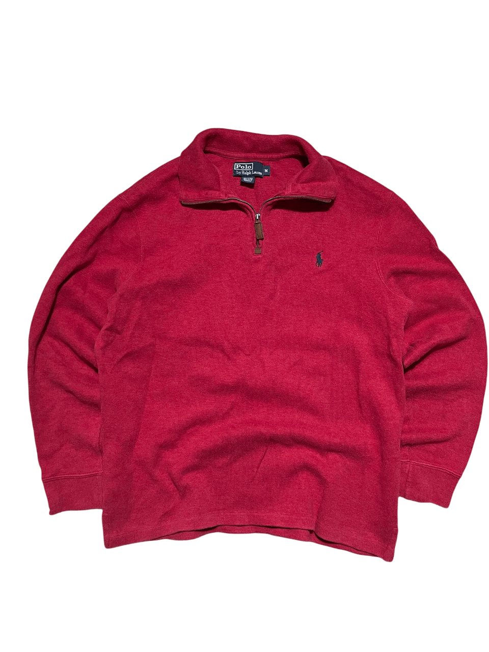 Bordó vintage félcipzáras pulóver, galléros, streetwear stílus, Ralph Lauren logóval.