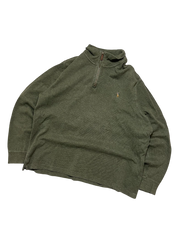 Sötétzöld vintage streetwear pulóver, félcipzáros gallérral és hímzett logóval.