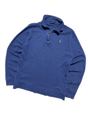 Kék vintage félcipzáras pulóver, gallérral, hímzett logóval, streetwear stílusban