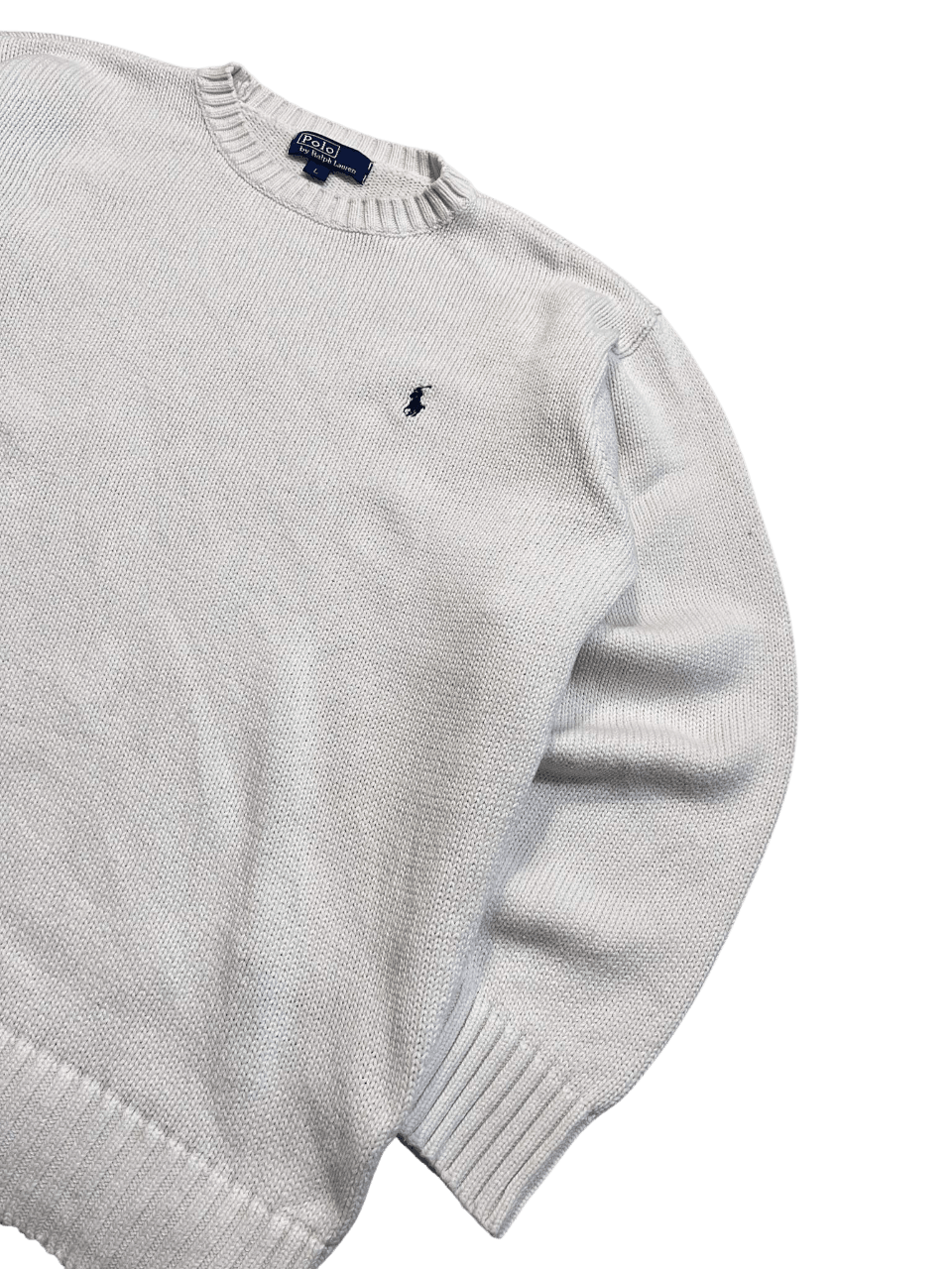 Fehér, kötött Ralph Lauren pulóver, vintage streetwear stílus, hímzett logóval.