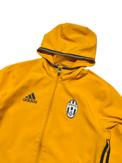 Sárga Adidas kapucnis Juventus dzseki, vintage streetwear stílus, cipzáros