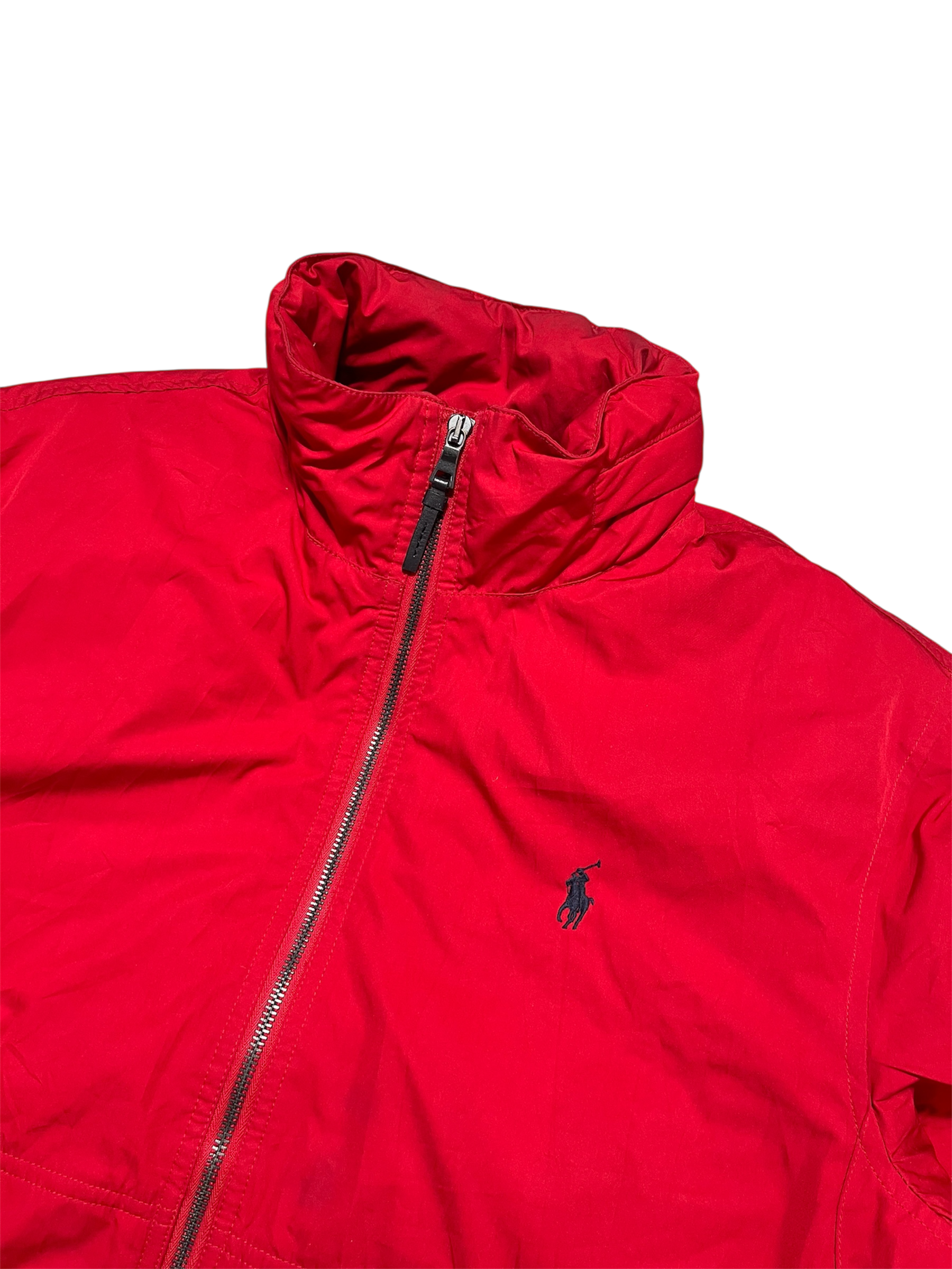 Piros vintage streetwear dzseki cipzárral és hímzett logóval