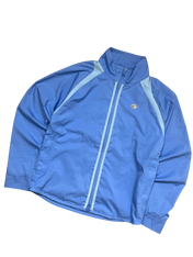 Világoskék vintage sportdzseki cipzárral, utcai divat, egyedi streetwear stílus