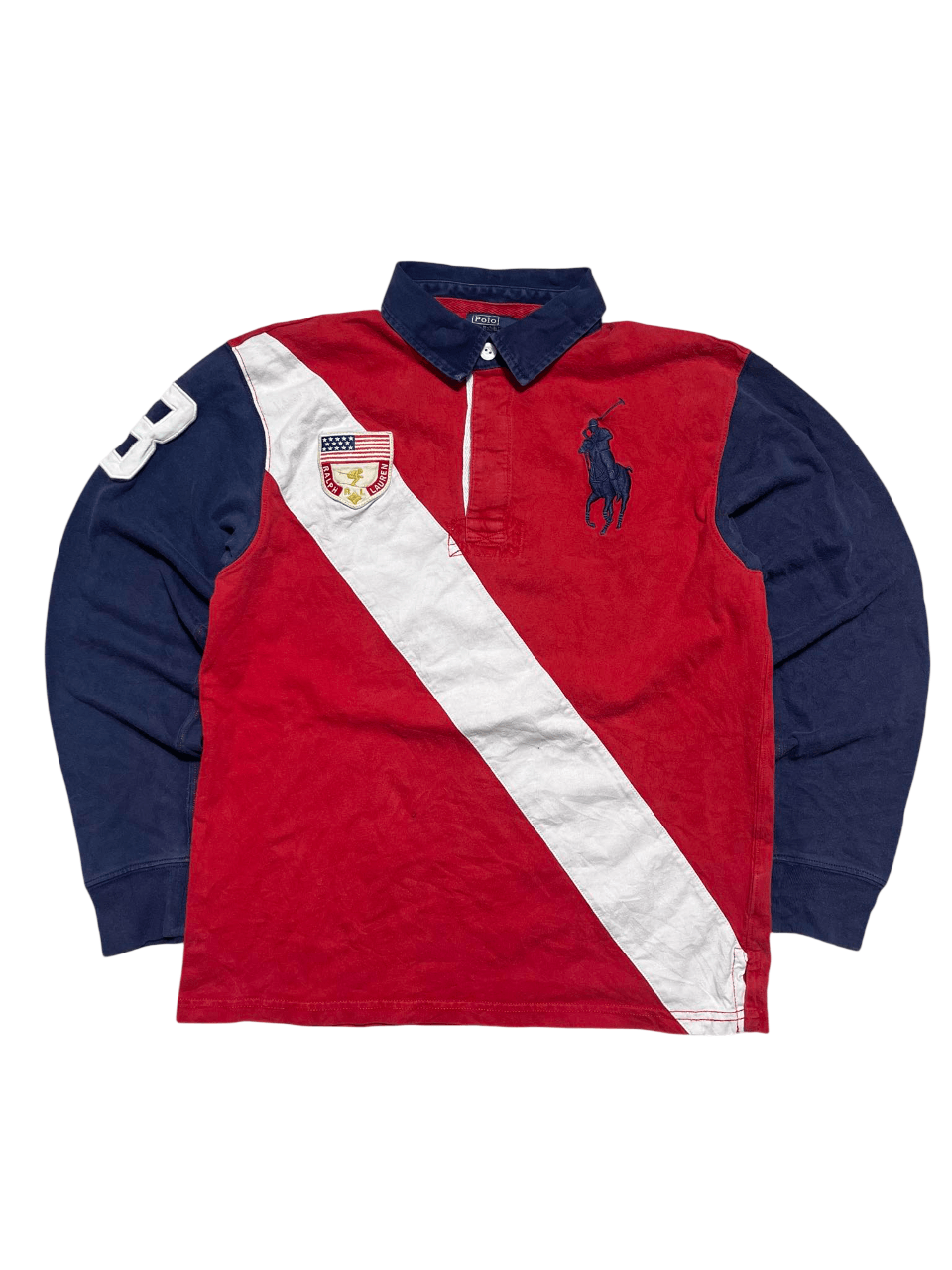 Piros, fehér átlós csíkozású, galléros, hímzett logós vintage streetwear póló hosszú ujjú