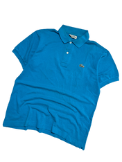 Kék vintage Lacoste rövid ujjú galléros póló hímzett logóval, streetwear stílus