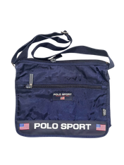 Sötétkék Polo Sport válltáska amerikai zászlóval, vintage streetwear stílusban
