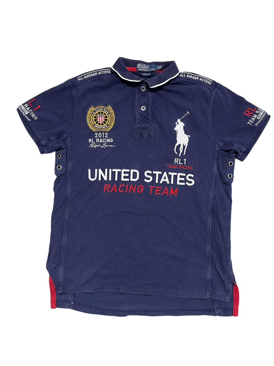 Sötétkék vintage Ralph Lauren Polo galléros póló, USA Racing Team hímzéssel, streetwear stílus