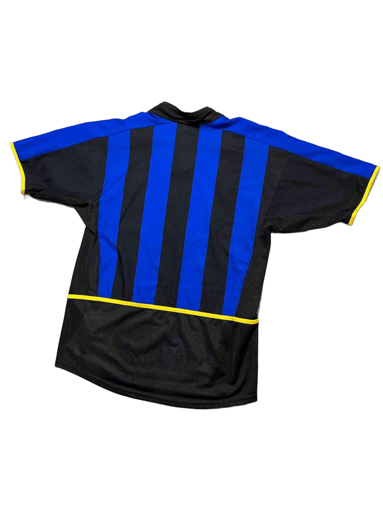 Fekete-kék csíkos vintage streetwear póló, sárga szegéllyel a hátán
