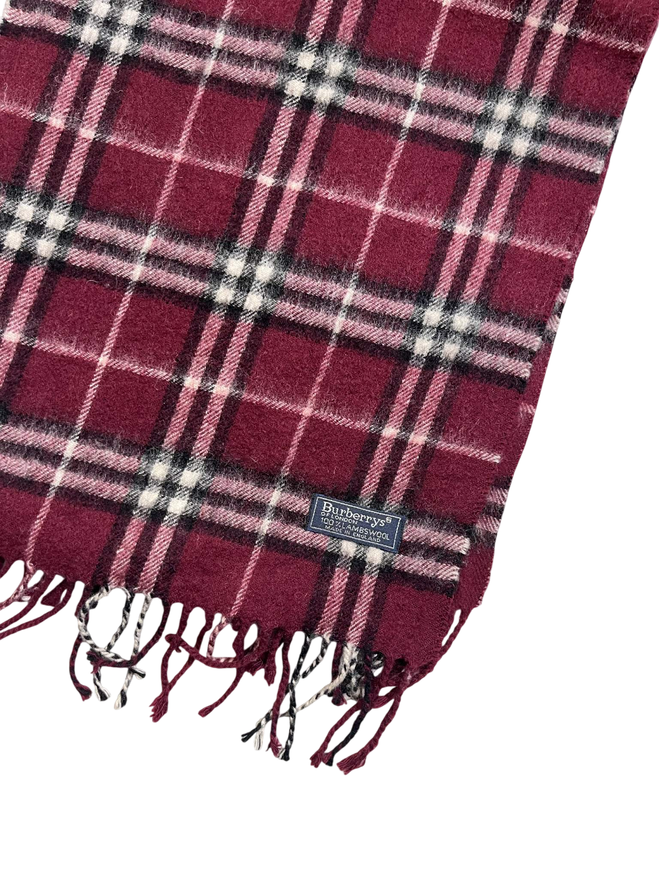Bordó kockás gyapjú sál vintage stílusban, rojtos szegéllyel, Burberry feliratos címkével.