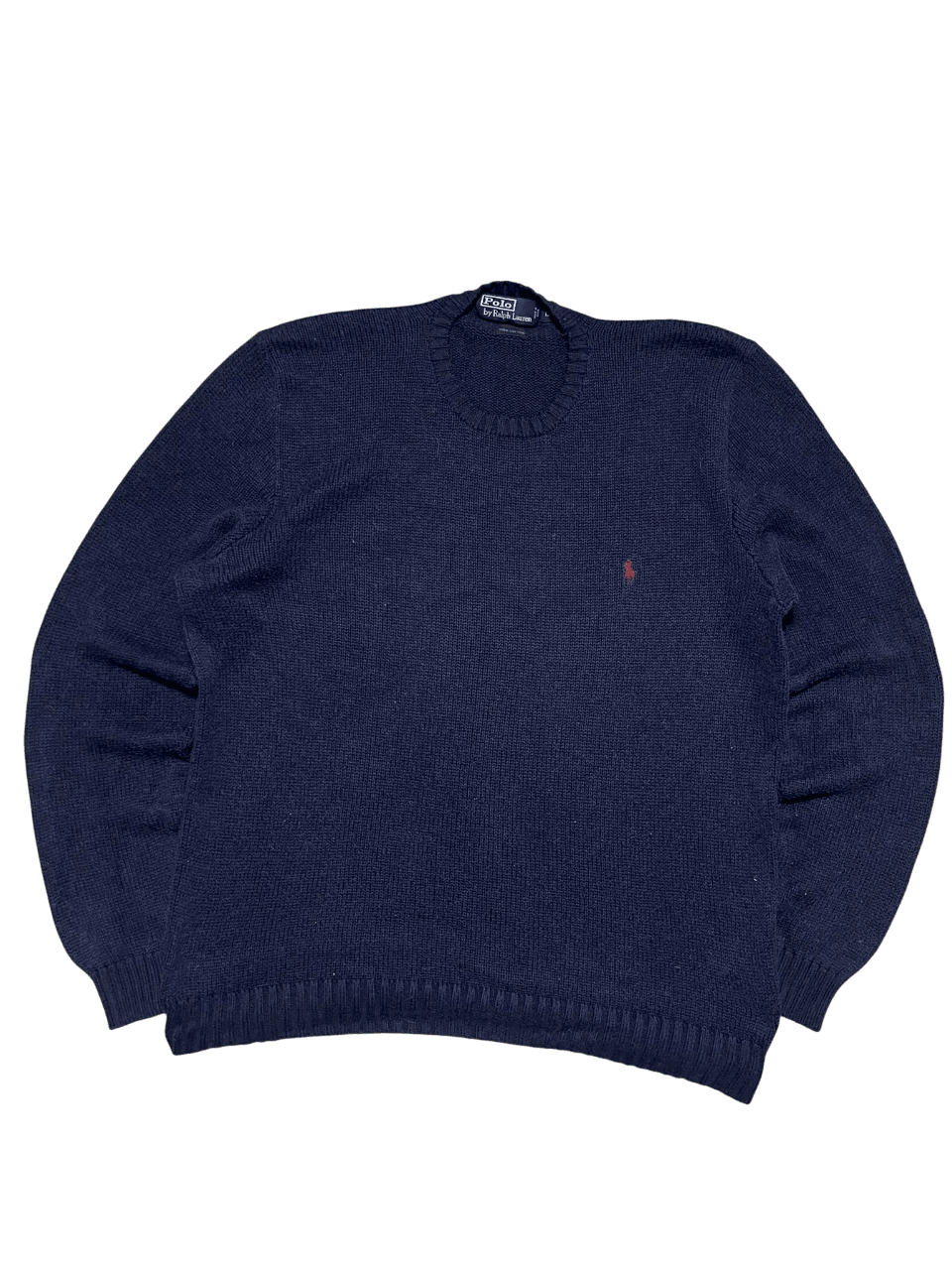 Sötétkék, hosszú ujjú Ralph Lauren pulóver hímzett logóval, vintage streetwear stílus