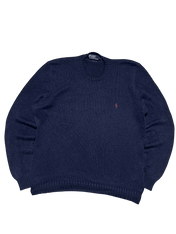 Sötétkék, hosszú ujjú Ralph Lauren pulóver hímzett logóval, vintage streetwear stílus