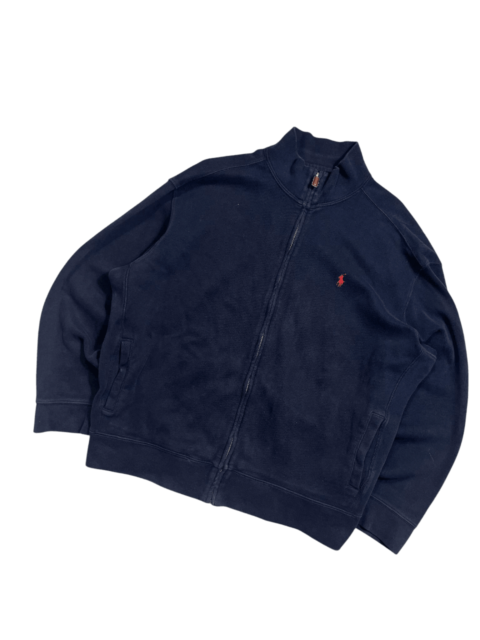 Sötétkék, cipzáras vintage streetwear pulóver, piros logóval a mellrészen