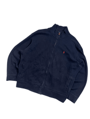 Sötétkék, cipzáras vintage streetwear pulóver, piros logóval a mellrészen