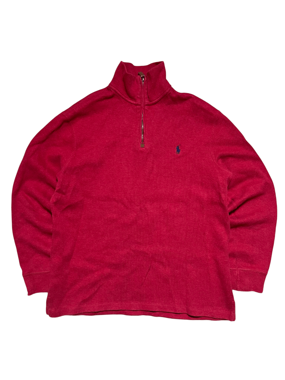 Piros félcipzáras, galléros streetwear pulóver hímzett logóval, vintage stílus