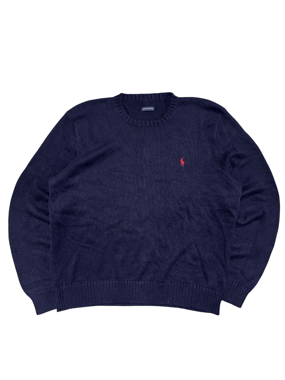 Sötétkék vintage kötött pulóver piros hímzett lovas logóval, streetwear stílus