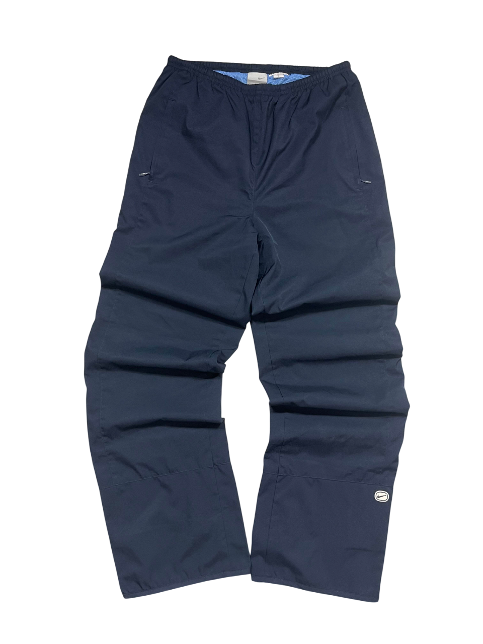 sötétkék Nike streetwear nadrág gumis derékkal, logóval, laza vintage stílus