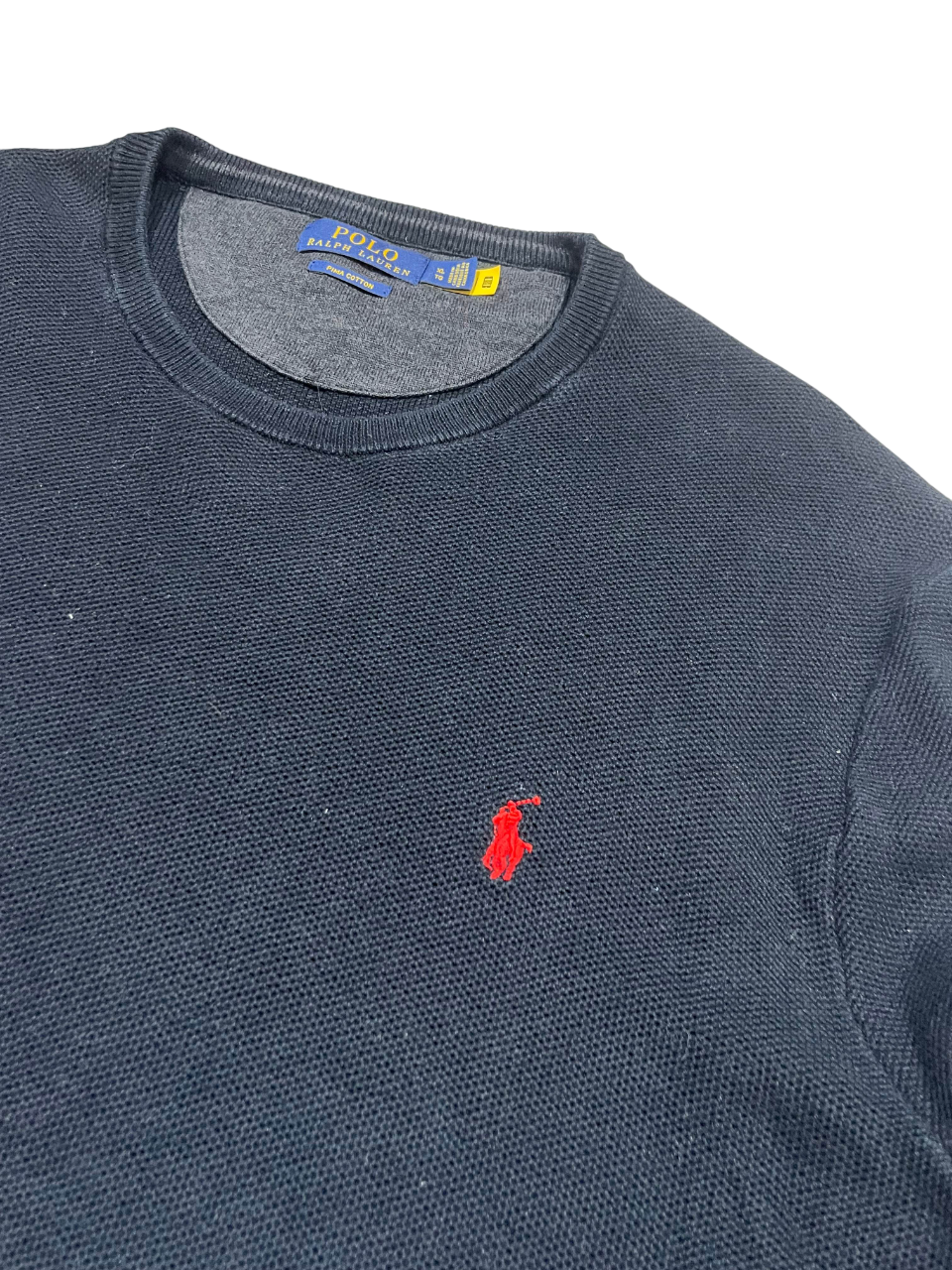 Sötétkék Polo Ralph Lauren pulóver piros hímzett logóval, streetwear stílusban