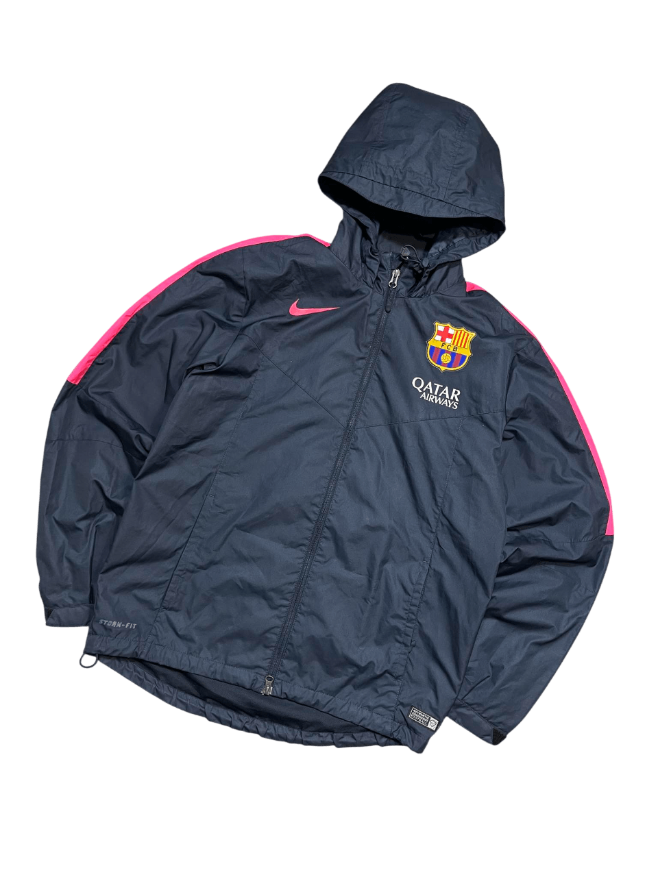 Sötétkék, kapucnis Barcelona Nike sportdzseki rózsaszín csíkokkal és logóval