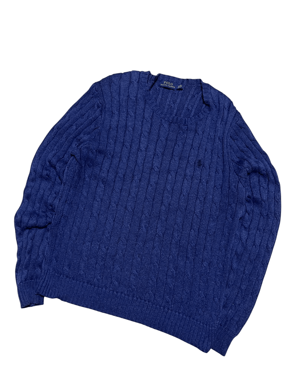 Kék vintage Ralph Lauren kötött pulóver, cable mintás, streetwear stílus.