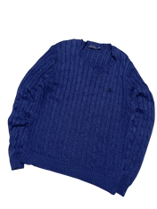 Kék vintage Ralph Lauren kötött pulóver, cable mintás, streetwear stílus.
