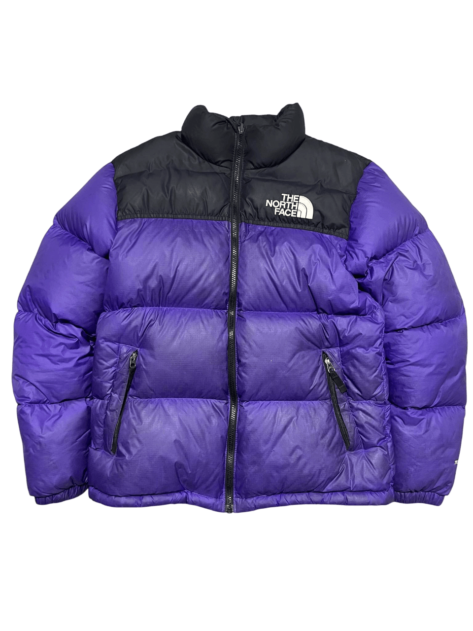 Lila és fekete The North Face pufi dzseki, cipzárral, vintage streetwear stílus