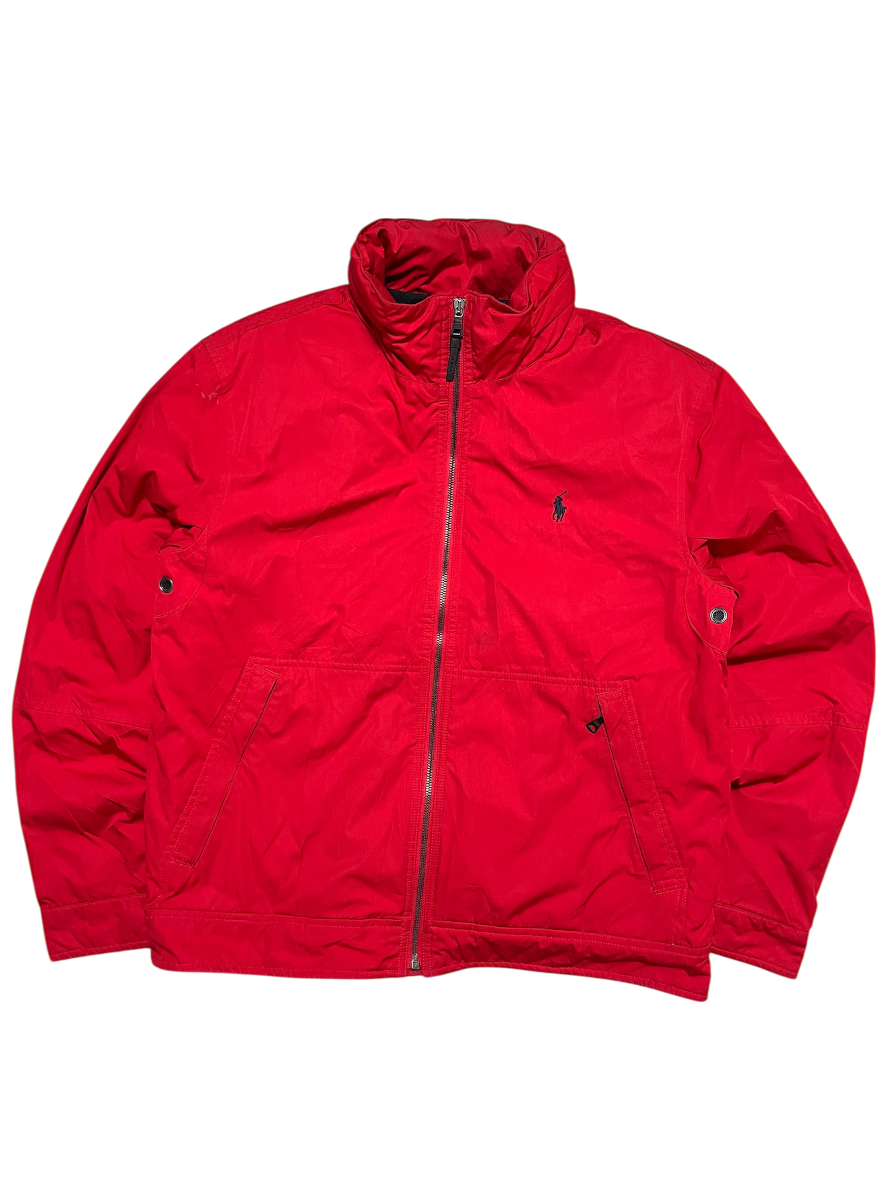 Piros vintage streetwear dzseki cipzárral, Ralph Lauren logóval, hosszú ujjú fazon